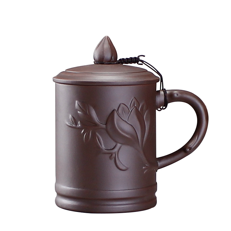 宜兴泡茶杯紫砂杯带盖茶杯功夫茶具陶瓷杯办公杯礼品杯大水杯 三维工匠 红色竹叶盖杯高清大图