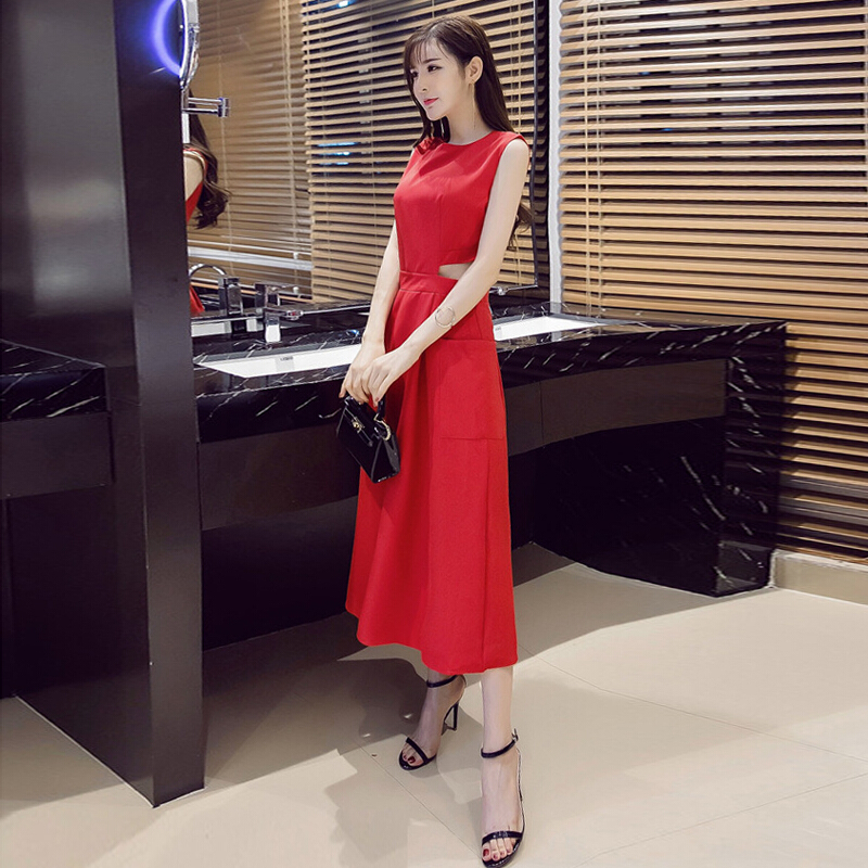 2018夏季女装时尚性感露腰修身显瘦收腰连衣裙气质小礼服长裙