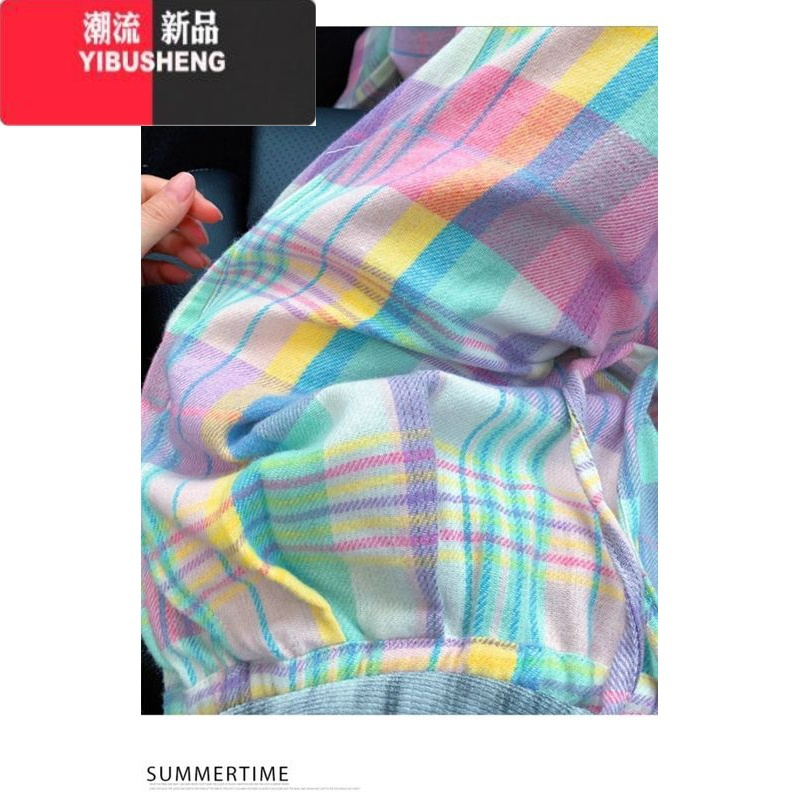 YIBUSHENG彩色格子阔腿裤女季韩版网红休闲裤高腰设计感小众宽松拖地裤潮