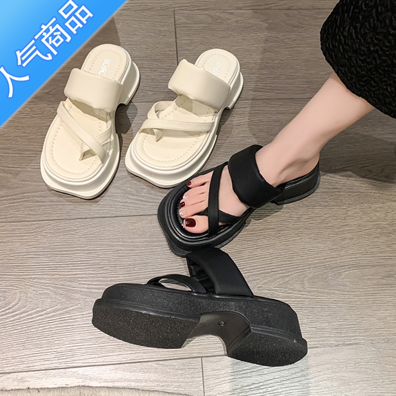 SUNTEK绝美夹趾凉拖鞋女夏季外穿2023新款法式高级感仙女风罗马凉鞋厚底高清大图