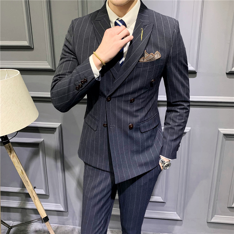 蓝缕金(lanlvjin)条纹双排扣男士西服套装男商务休闲西装三件套韩版