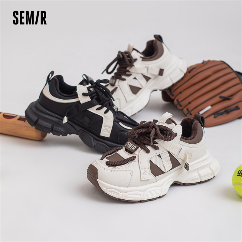 SEMIR女鞋2023秋冬季新款加绒百搭老爹鞋超软运动鞋减震休闲跑步鞋