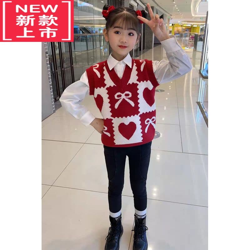 可莉允女童马甲针织背心春秋新款v领无袖套头红色毛衣宝宝马夹中大童潮图片