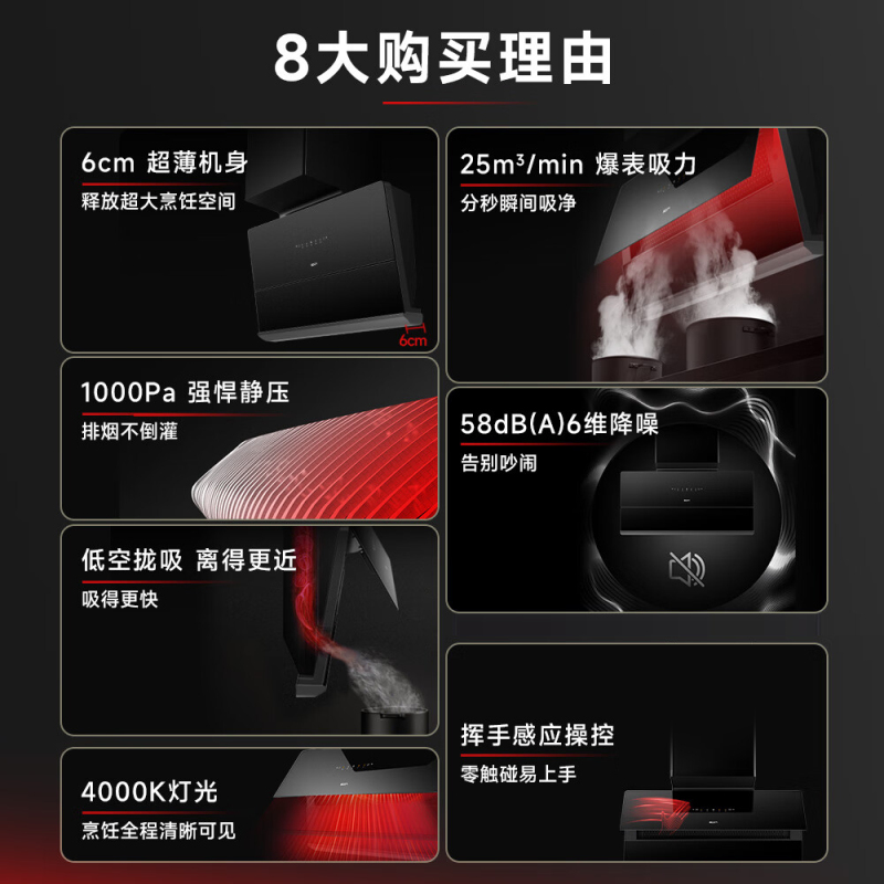 名气[小黑巧]抽油烟机超薄侧吸变频25m³ 1000Pa变频静压挥手感应 柔光大灯X7+5.2KW灶具