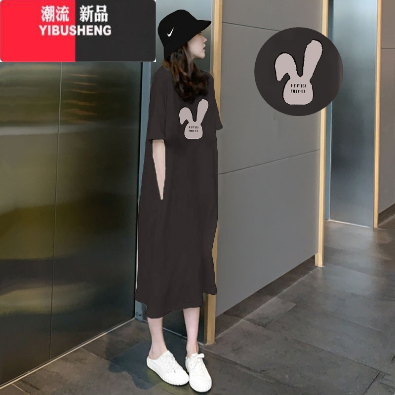 YIBUSHENG2024年新款季t恤裙子宽松大码显瘦短袖连衣裙女装开叉长裙