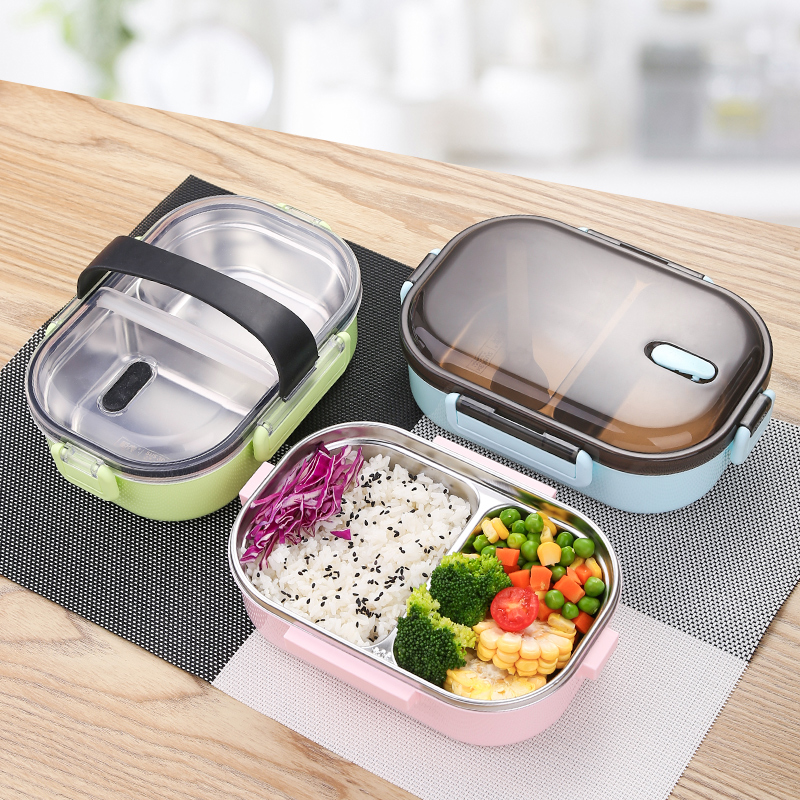 美帮汇茶具304不锈钢保温饭盒学生小容量分格便当盒手提便携分隔型餐盒套装 手提款(2格)粉色含袋子高清大图