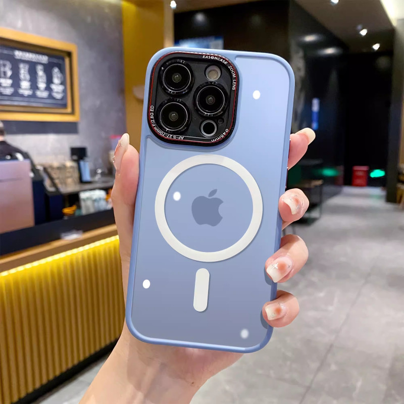 安美宝 苹果15手机壳新款磁吸iPhone14pro全包防摔15promax透明14pm/13男plus简约max硅胶壳 磁吸【透明蓝】透明磨砂★金属相机镜框 iPhone15Pro
