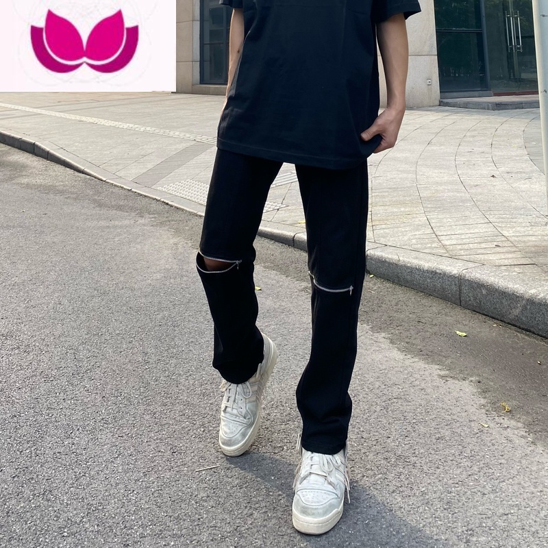 七斓欧美vibe风高街复古黑色膝盖破洞拉链牛仔裤设计感小众炸街裤子男