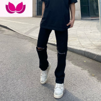 七斓欧美vibe风高街复古黑色膝盖破洞拉链牛仔裤设计感小众炸街裤子男
