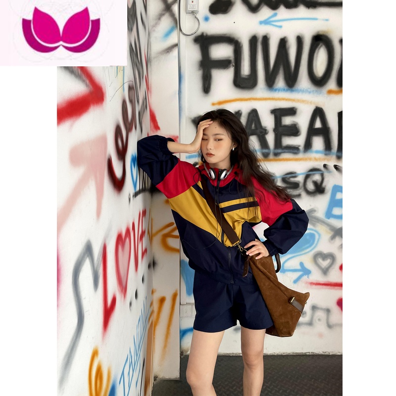 七斓 运动风撞色外套短裤套装女宽松休闲卫衣阔腿裤套春高清大图