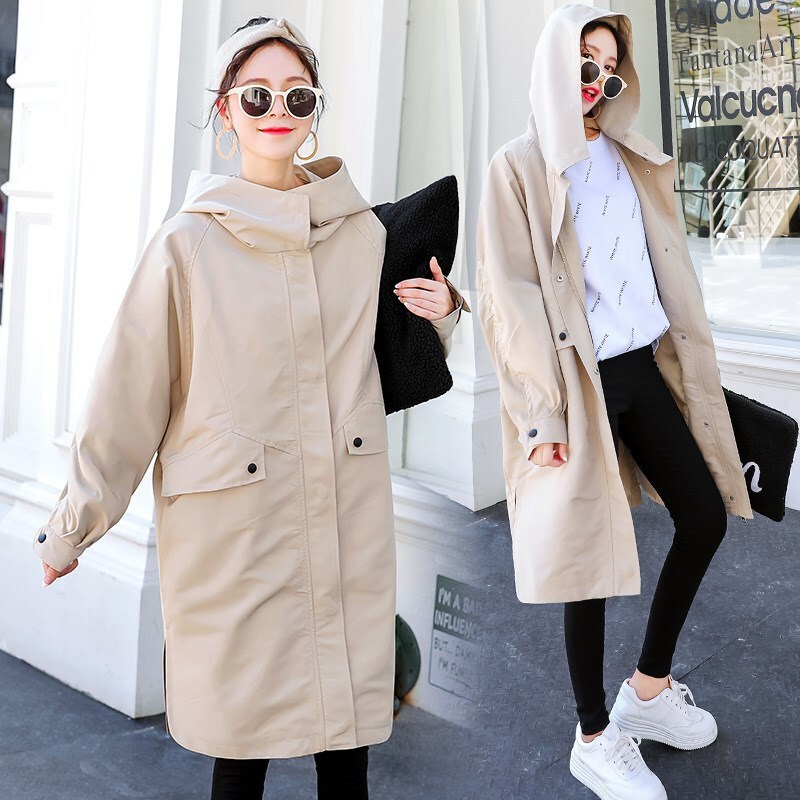 迪鲁奥(DILUAO)孕妇装秋装纯棉宽松大码风衣外套秋季休闲连帽孕妇外套怀孕期