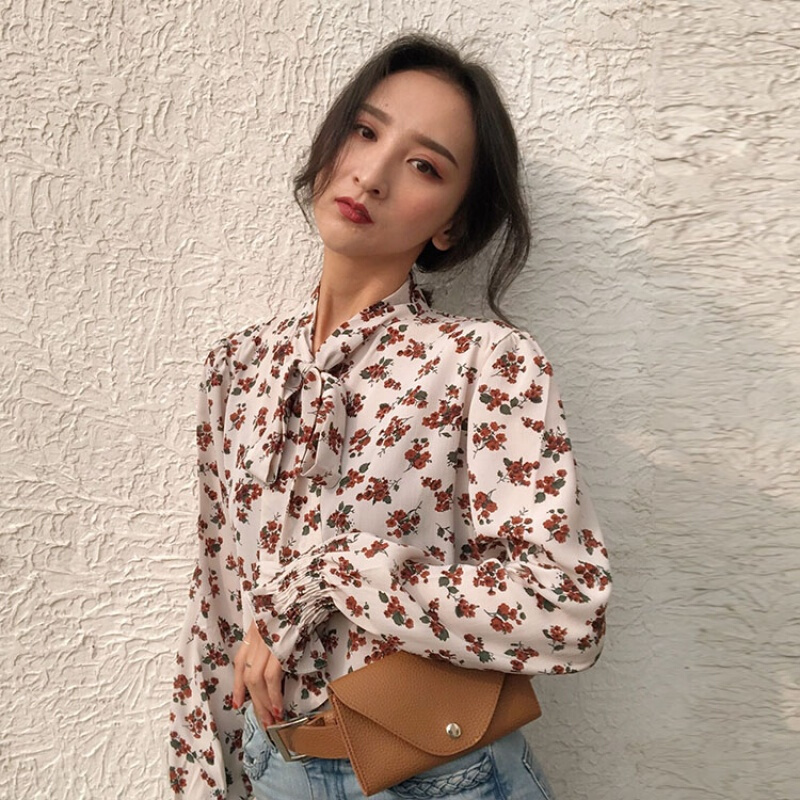 2018夏装新款复古港味chic小碎花雪纺衫衬衫女上衣打底长袖衬衣棕色