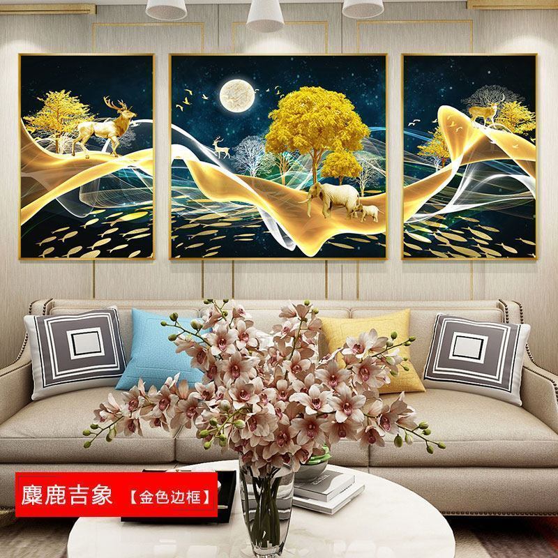 北欧壁画三联组合沙发背景墙客厅装饰画现代玻璃简约餐厅挂画鹿鹿 麋鹿吉祥（金色边框） 60*80cm三联套装（建议_977