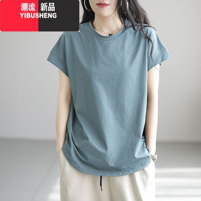 YIBUSHENG2024新款T恤女装短袖圆领时尚休闲文艺简约宽松复古上休上Y简 L 湖蓝色