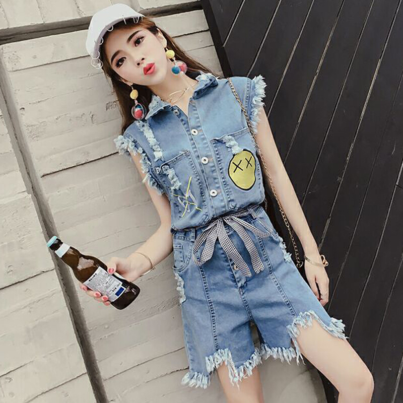 毛边破洞牛仔连体裤女夏高腰韩版连衣短裤学生气质不规则套装浅色