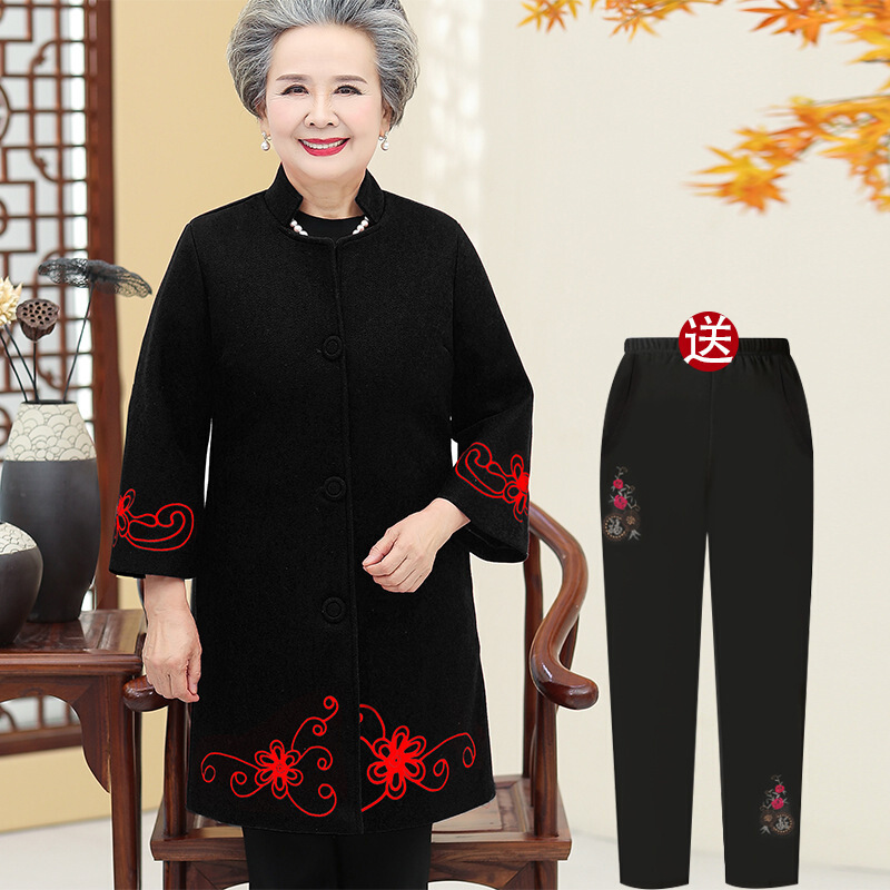 迪鲁奥(DILUAO)中老年人秋冬新款女呢子大衣中长款春秋装奶奶装外套洋气高贵刺绣妈妈装