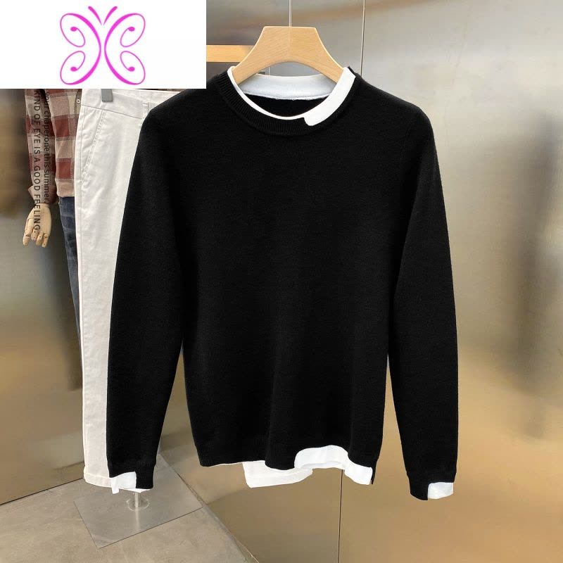 YUANSU秋冬不规则撞色圆领卫衣男士修身日系针织衫潮流休闲长袖打底毛衣卫衣图片