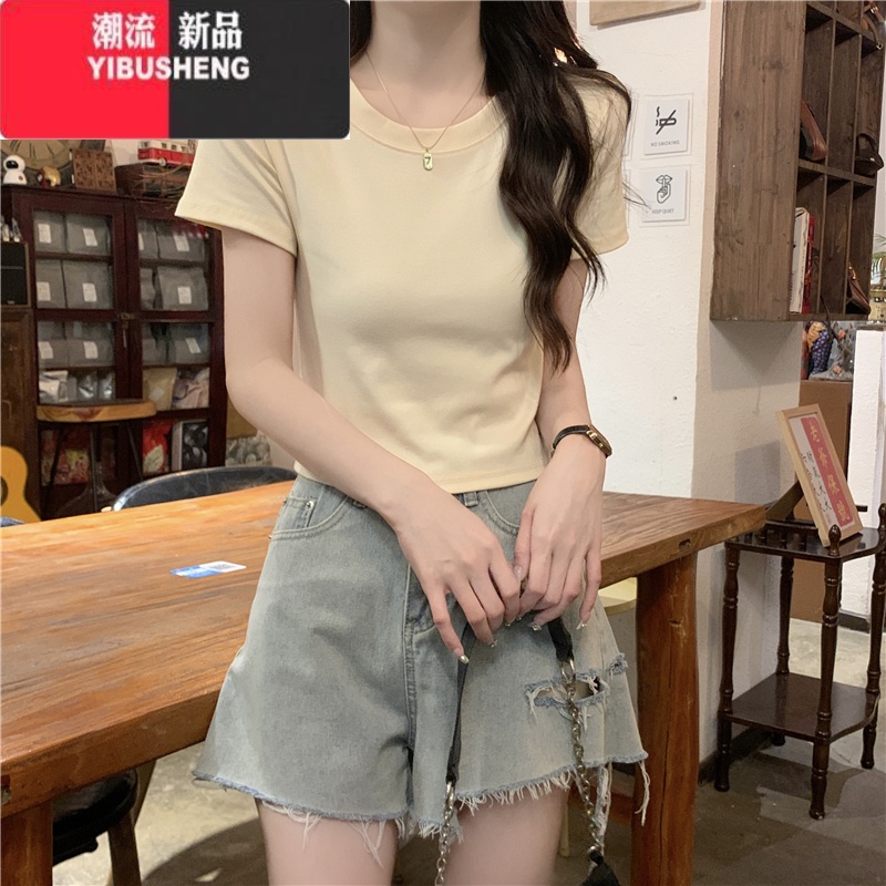 YIBUSHENG圆领正肩粉色t恤女短袖季美式修身短款高腰辣妹纯欲体恤上衣体 XL建议120-130斤 杏色