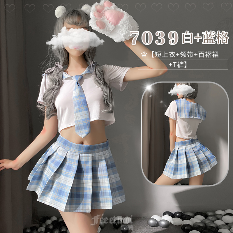 霏慕(Fee et moi)女式情趣睡衣 性感透明透视情趣内衣校园JK制服日系格子学生装7039 7317黑【单件闭裆连裤袜】