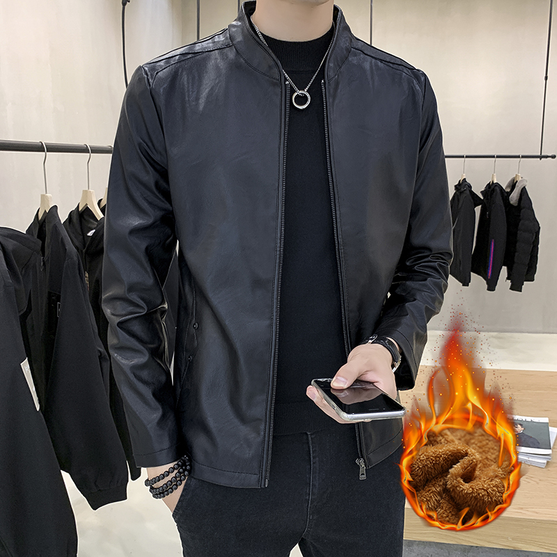 春秋冬季外套男新款休闲加绒韩版立领夹克皮衣男装加大码机车服 黑色（加绒） 2XL