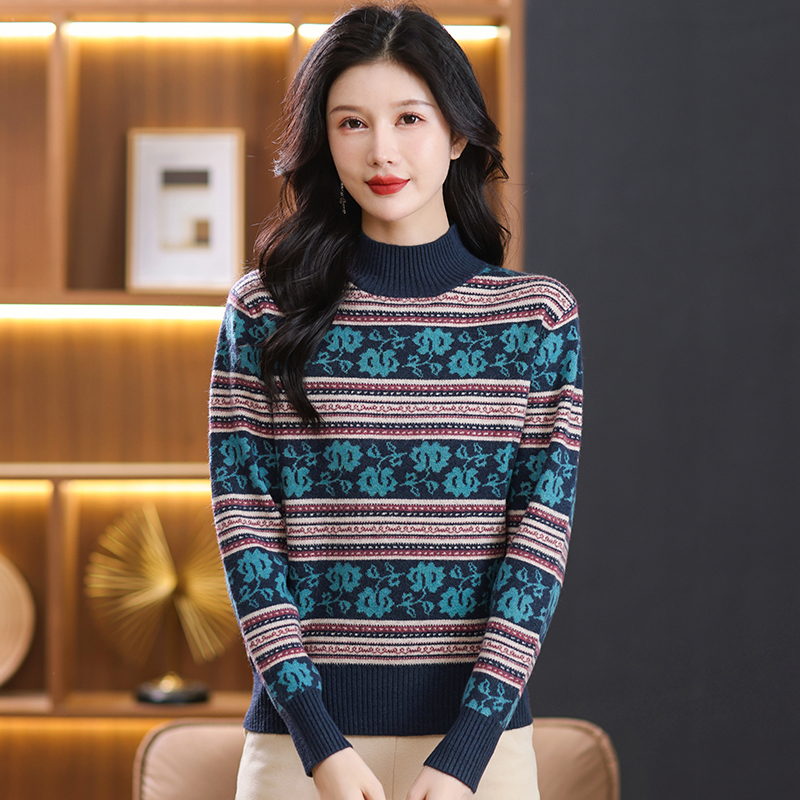 鄂尔多斯市羊绒衫女士100%羊毛衫女秋冬装保暖针织打底衫宽松大码半高领套头百搭毛衣女装冬毛衣套头宽松大码显瘦羊绒打底衫 XL适合115-125斤 350藏蓝