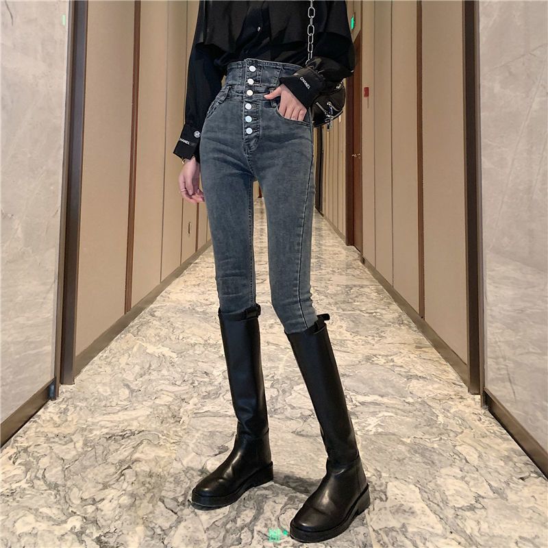 061款[简单款] S [建议80-95斤] 单裤/加绒 秋冬排扣超高腰牛仔裤女小脚显瘦九分烟灰色铅笔裤韩版