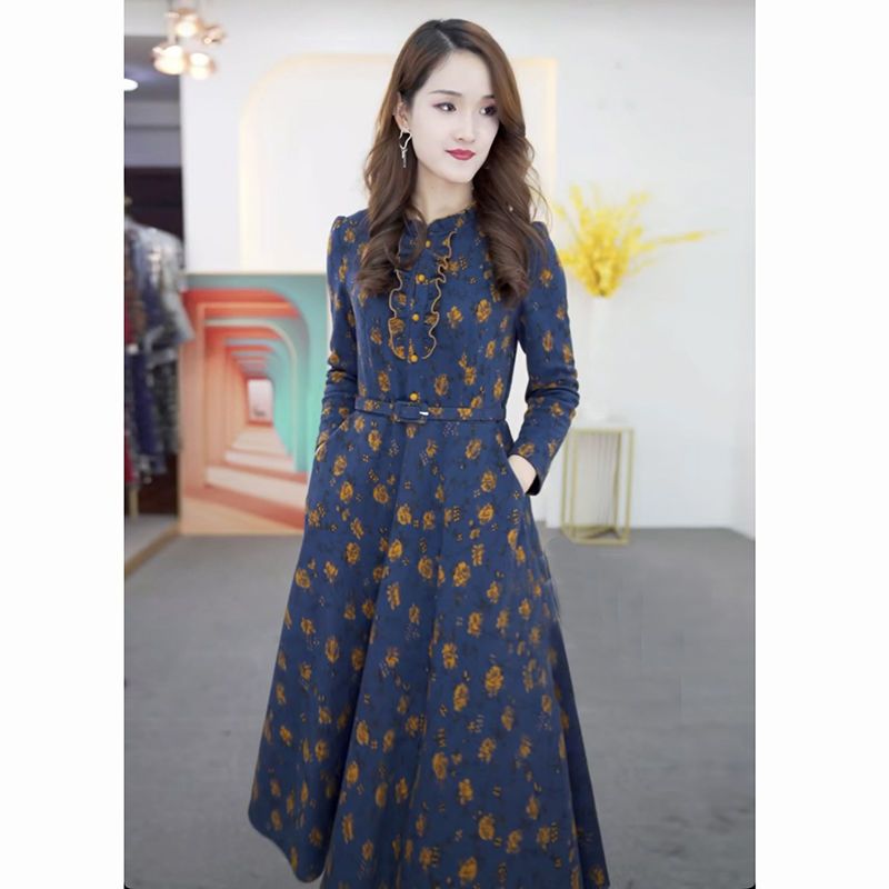 碎花连衣裙女春秋装长袖收腰遮肉显瘦减龄洋气木耳中长款裙子