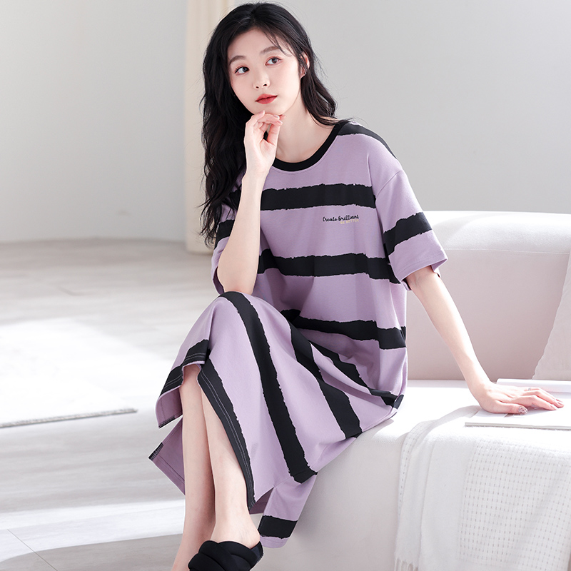 浪莎睡裙女夏季纯棉短袖甜美宽松中长款连衣裙2024新款网红家居服 175(XXL)推荐140-160斤 SW3122睡裙紫条