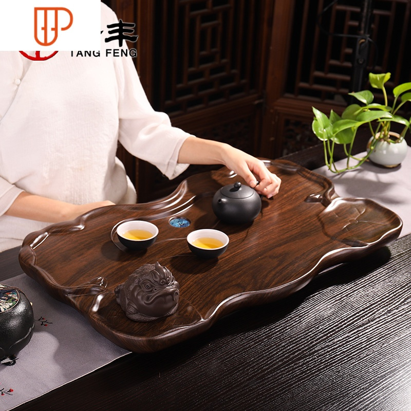 整块木茶盘家用客厅简约排水式茶海功夫茶具茶台大号茶座台 国泰家和 科技木双莲黑檀纹