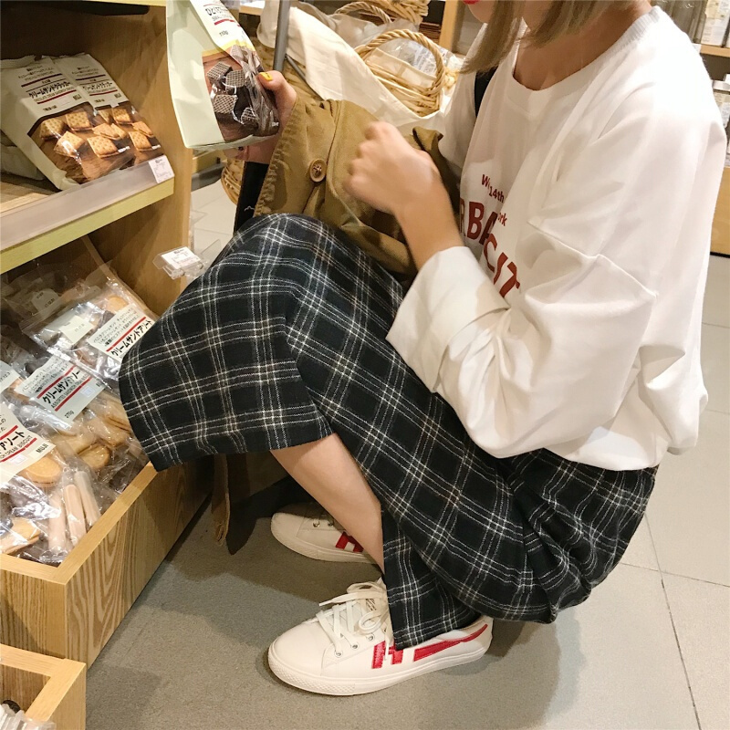春装女装韩版学院风复古格子高腰半身裙开叉长裙显瘦中长款一步裙