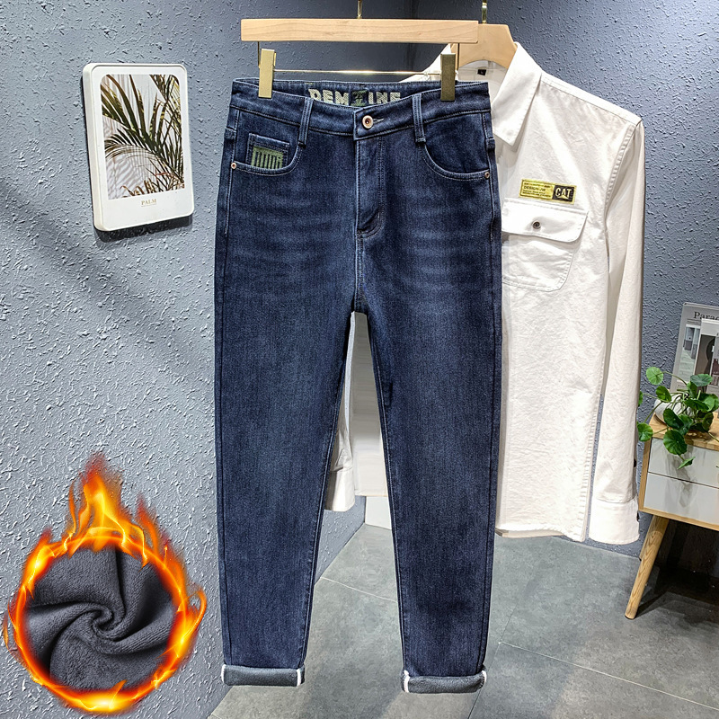 北方加绒牛仔裤男士潮牌刺绣百搭直筒裤男冬季品质舒适裤男式