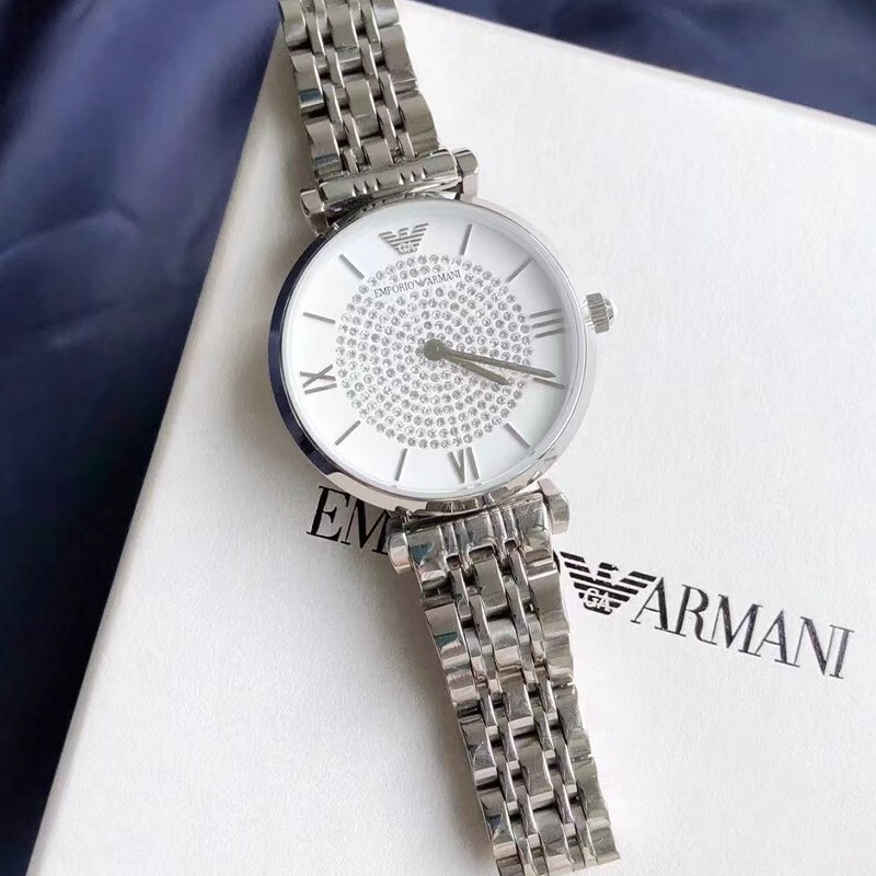 阿玛尼(ARMANI)女表 满天星手表钢制表带欧美表 圆形镶钻石英时尚 送女友生日礼物 石英表女表