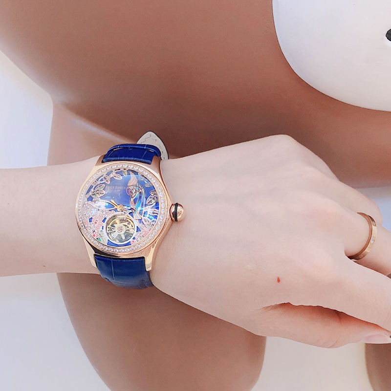 瑞夫泰格(REEF TIGER)女士手表全自动机械表女表新款时尚潮流镶钻镂空皮表带防水3D鹦鹉手表RGA7015高清大图