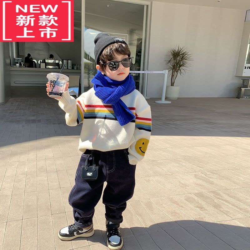 可莉允男童加厚绵彩虹条笑脸毛衣儿童冬装宝宝针织打底套头衫图片