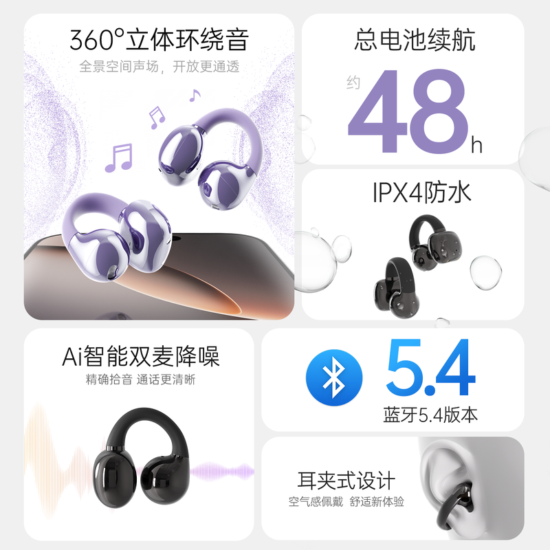 沃品OWS18无线蓝牙耳机夹耳式NEC不入耳运动长续航通话OWS18霞光紫高清大图