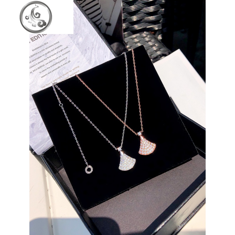 S925纯银扇子项链女小红裙子小众白贝母网红扇形锁骨链玫瑰金短款 JiMi高清大图