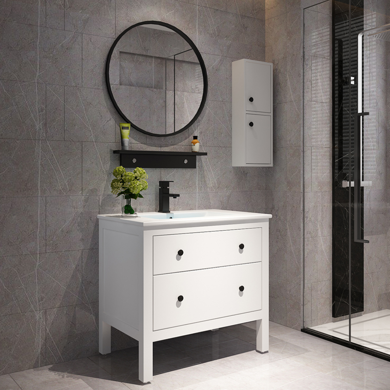 北欧实木浴室柜洗脸洗手盆柜组合卫生间洗漱台落地式圆镜柜面盆池120