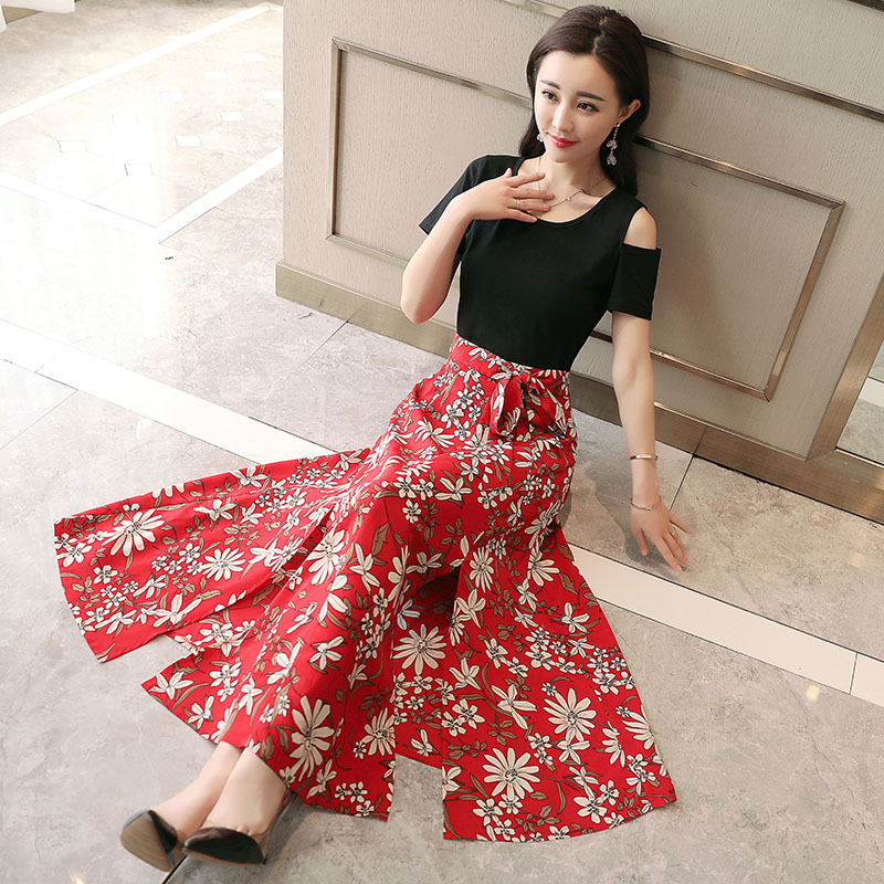 印花雪纺连衣裙女女士夏款新品假两件套过膝长裙大花色沙料裙子潮