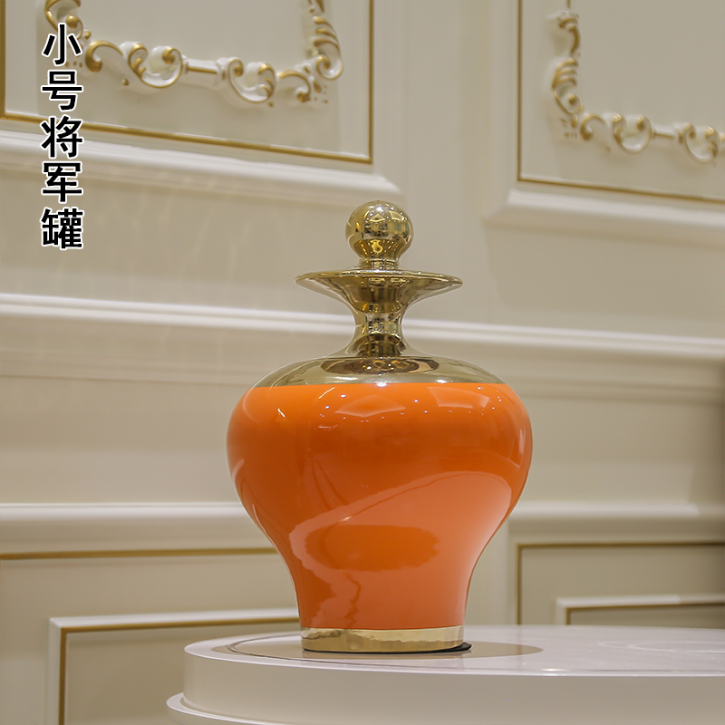 欧式轻奢金色花瓶摆件景德镇陶瓷现代时尚创意电视柜客厅摆件花插收纳袋 三维工匠 橙红金顶花瓶-大