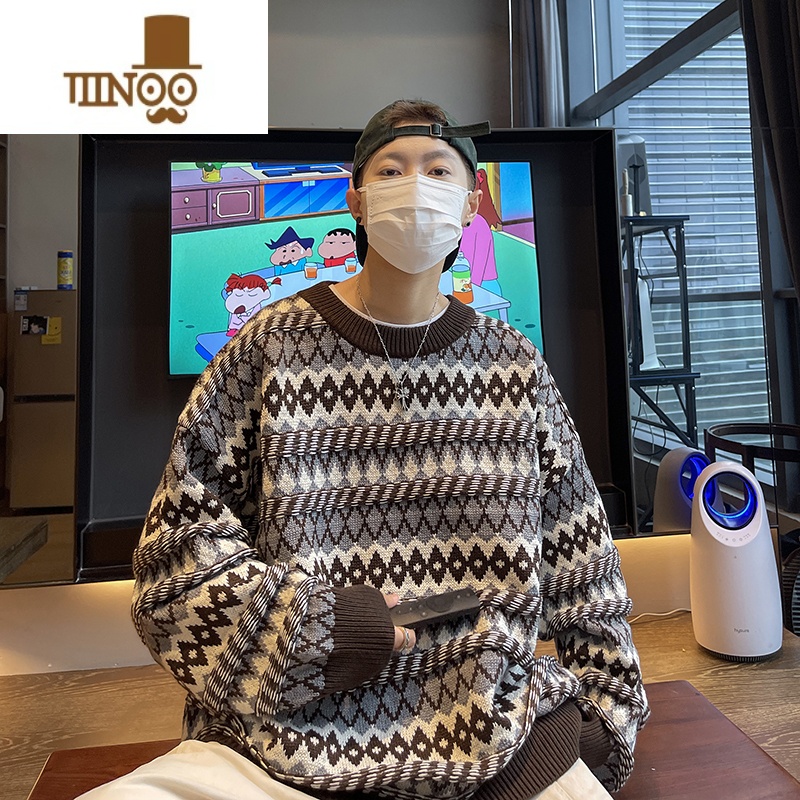 YANXU日系复古慵懒风套头针织衫毛衣男韩系风格穿搭情侣毛线衣外套 棕色 M