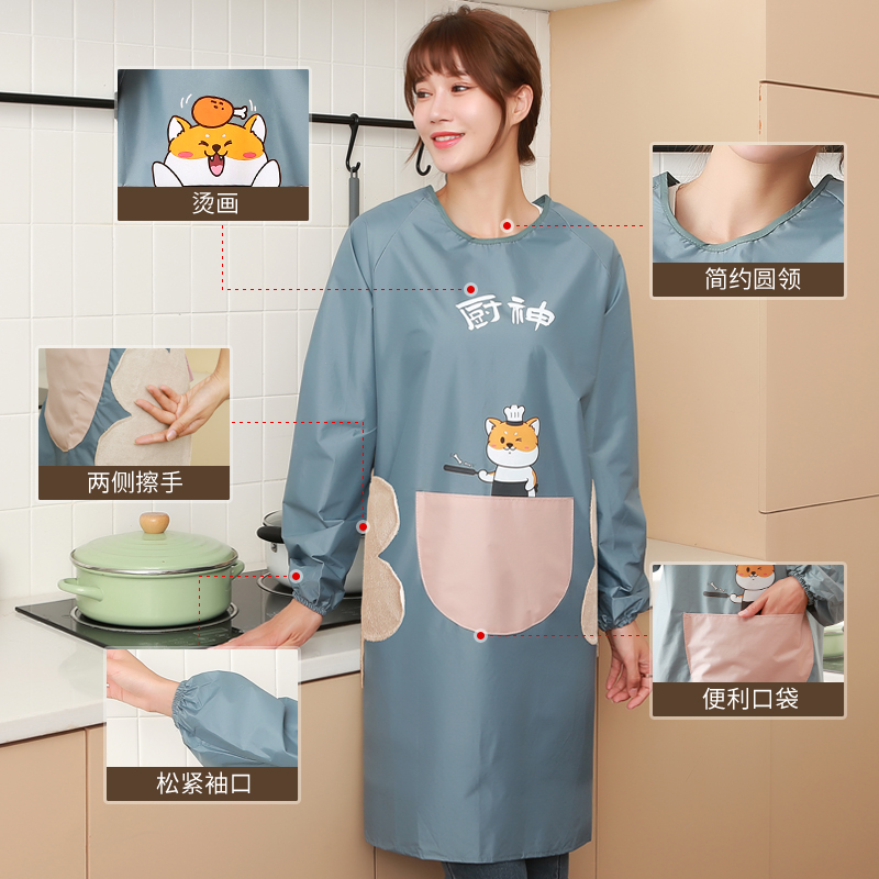 围裙女长袖防水防油家用厨房工作服罩衣大人做饭家务围腰高清大图