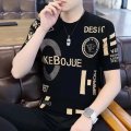 夏季新款冰丝短袖T恤男士圆领潮牌薄款上衣服修身体桖衫 2XL 044-黑色