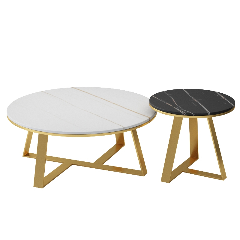 森美人岩板茶几北式茶几桌简约现代客厅家用圆形大理石边几角几茶台 白金配金脚90+黑金配金脚50整装