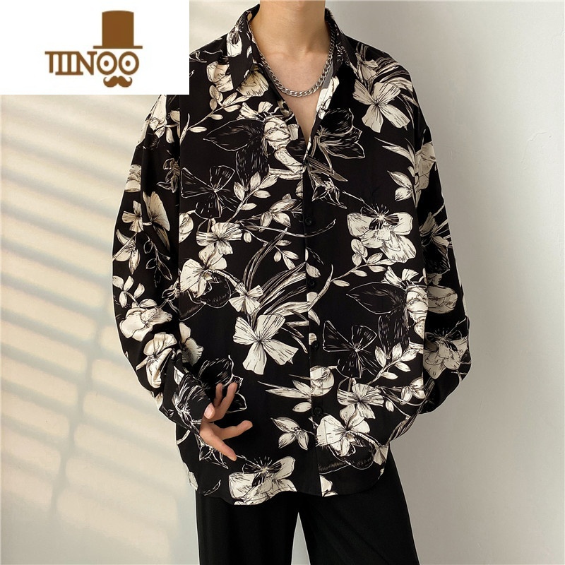 YANXU网红衬衫男长袖ins原宿风宽松碎花衬衣韩版潮流痞帅上衣服