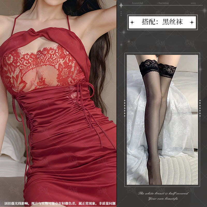 夜酥情趣内衣性感免脱床上挑逗约会战袍吊带蕾丝奶盖包臀缎面睡裙 酒红+黑丝袜 均码