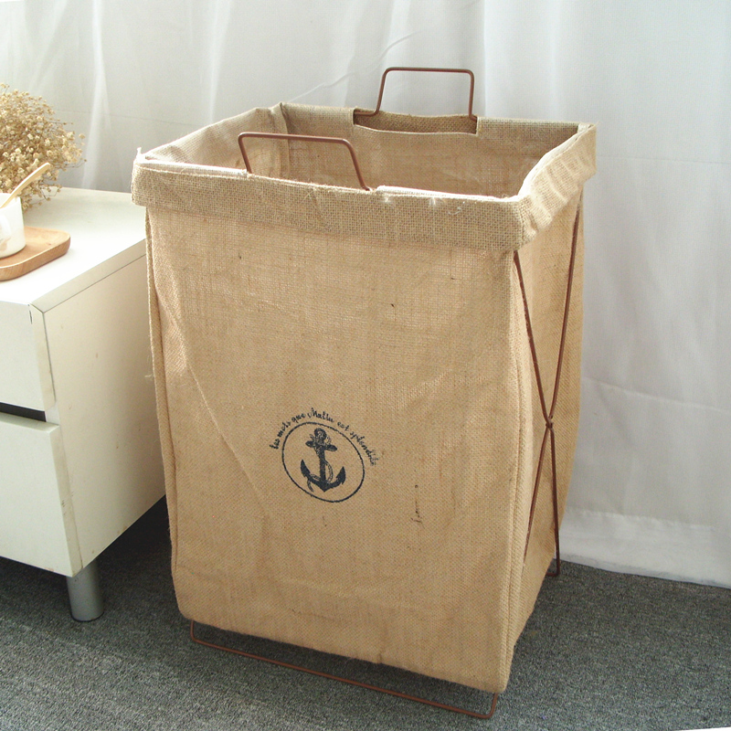 北欧布艺脏衣篮家用铁艺大号折叠脏衣篓储物收纳箱玩具衣服收纳筐 复古黄麻38*28*55