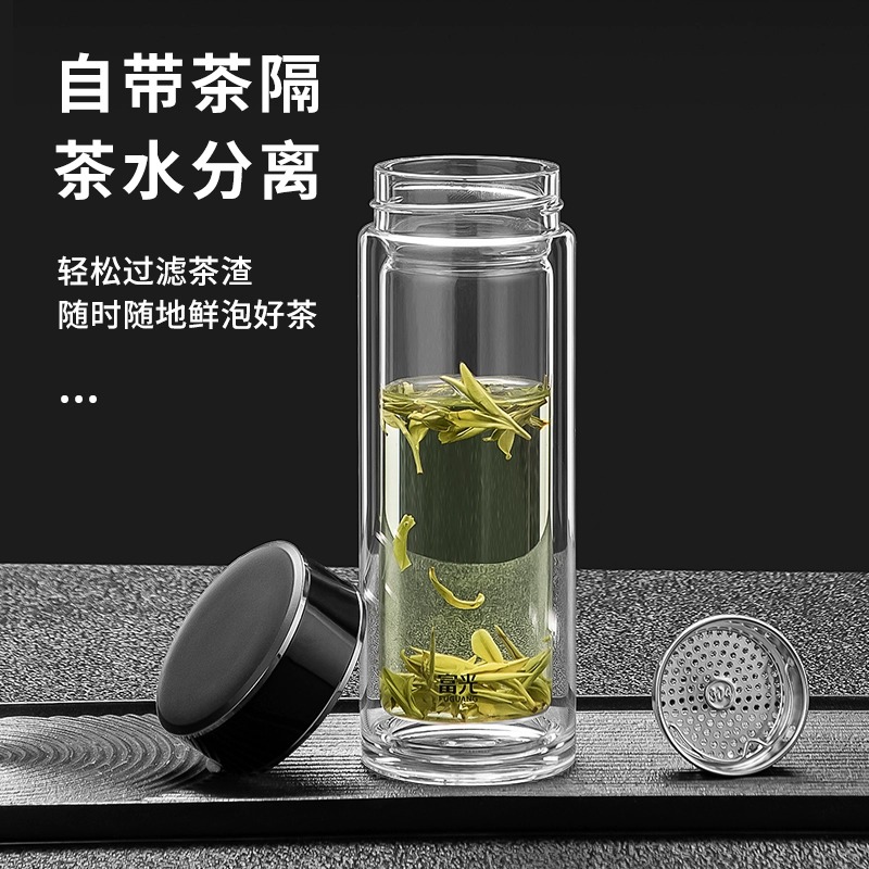 富光格调双层玻璃杯水杯男女创意透明盖便携过滤花茶杯杯子高清大图