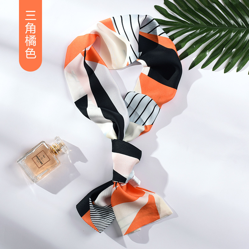 美帮汇细窄长条小丝巾秋冬百搭文艺装饰丝带小领巾围巾女绑包包飘带 三角橘色