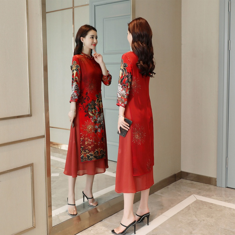 改良旗袍连衣裙女长裙女士夏款新品文艺印花红色汉服长款禅意茶服