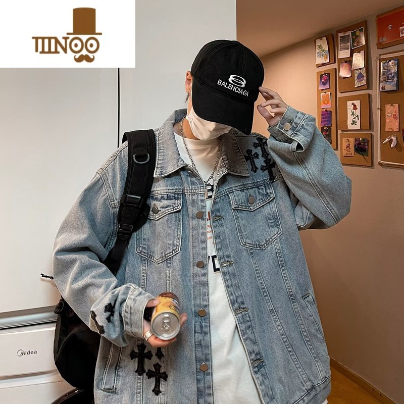 YANXU高街牛仔外套男美式ins潮牌刺绣情侣上衣宽松痞帅工装夹上高清大图